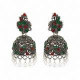 Oxidised silver peacock jhumka earrings with red and green stones and pearl drops