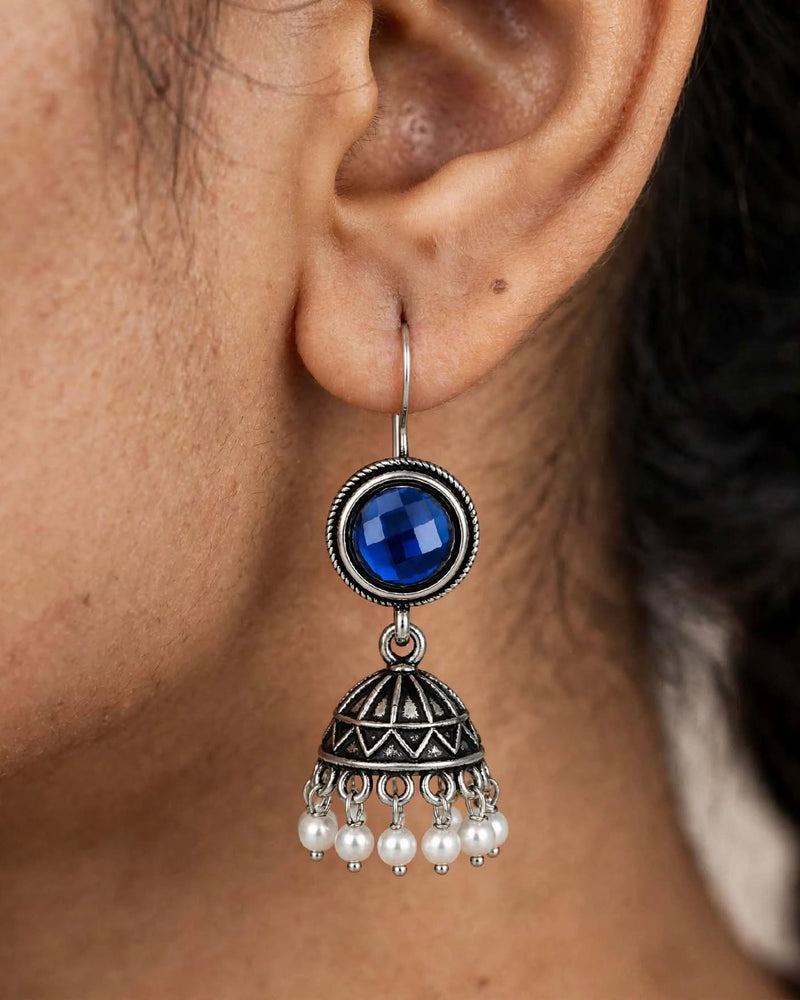Oxidised Silver Blue Stone Jhumka Earrings with Pearl Drops
