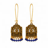 Antique gold temple lantern earrings with Lakshmi motif and blue beads