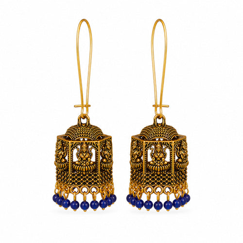 Antique gold temple lantern earrings with Lakshmi motif and blue beads