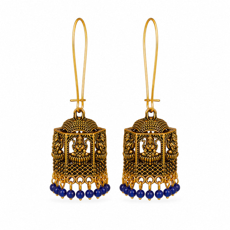 Antique gold temple lantern earrings with Lakshmi motif and blue beads