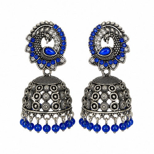 Oxidised silver peacock jhumka earrings with blue stones