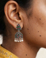 Oxidised Silver Peacock Jhumka Earrings with Red and Green Stones and Pearl Drops