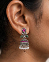 Oxidised Silver Pink Stone Jhumka Earrings with Green Accents and Pearl Drops