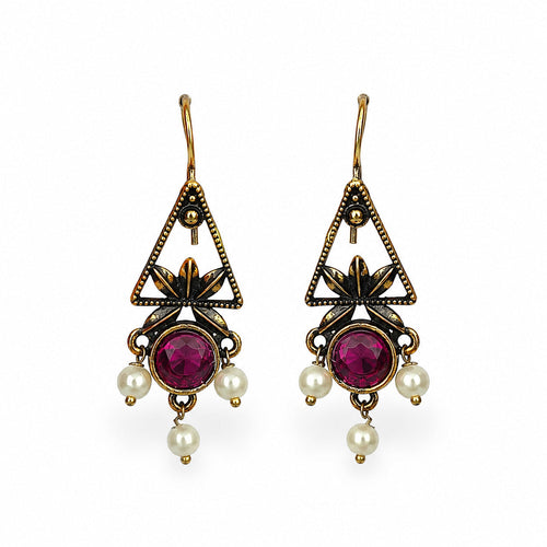 Oxidised silver drop earrings with red stone, green accents and pearls