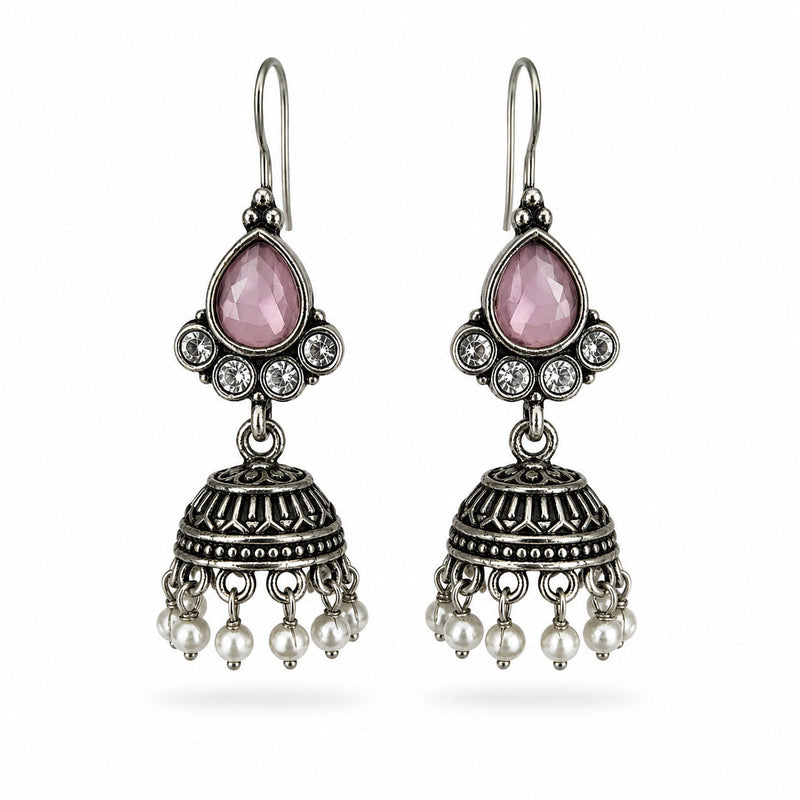 Oxidised silver pink stone jhumka earrings with pearl drops