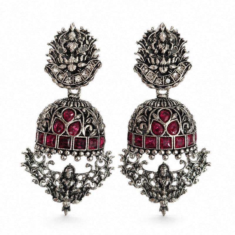 Oxidised silver Lakshmi temple jhumka earrings with magenta stones