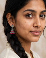 Oxidised Silver Lakshmi Temple Jhumka Earrings with Pink Bead Drops