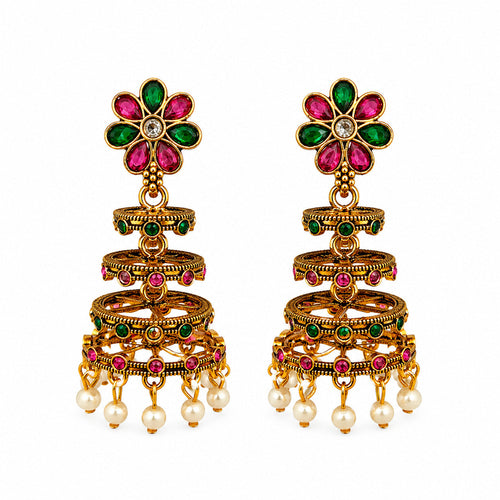 Antique gold tiered chandelier earrings with pink and green floral stud and pearls