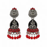 Silver Lakshmi temple jhumka earrings with red stones and bead drops