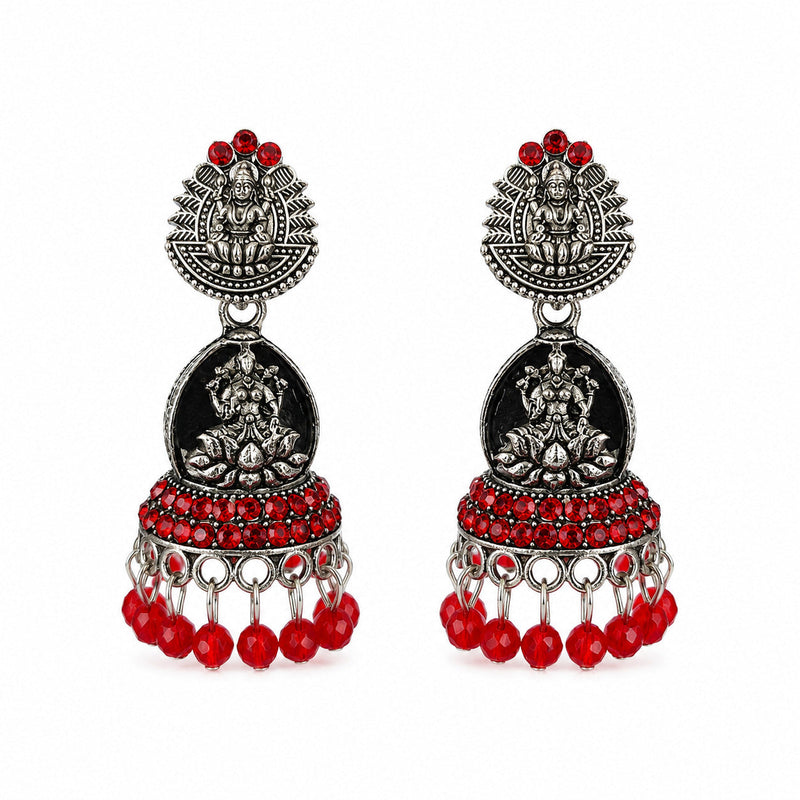 Silver Lakshmi temple jhumka earrings with red stones and bead drops