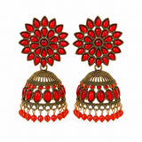 Antique gold red stone floral jhumka earrings with bead drops