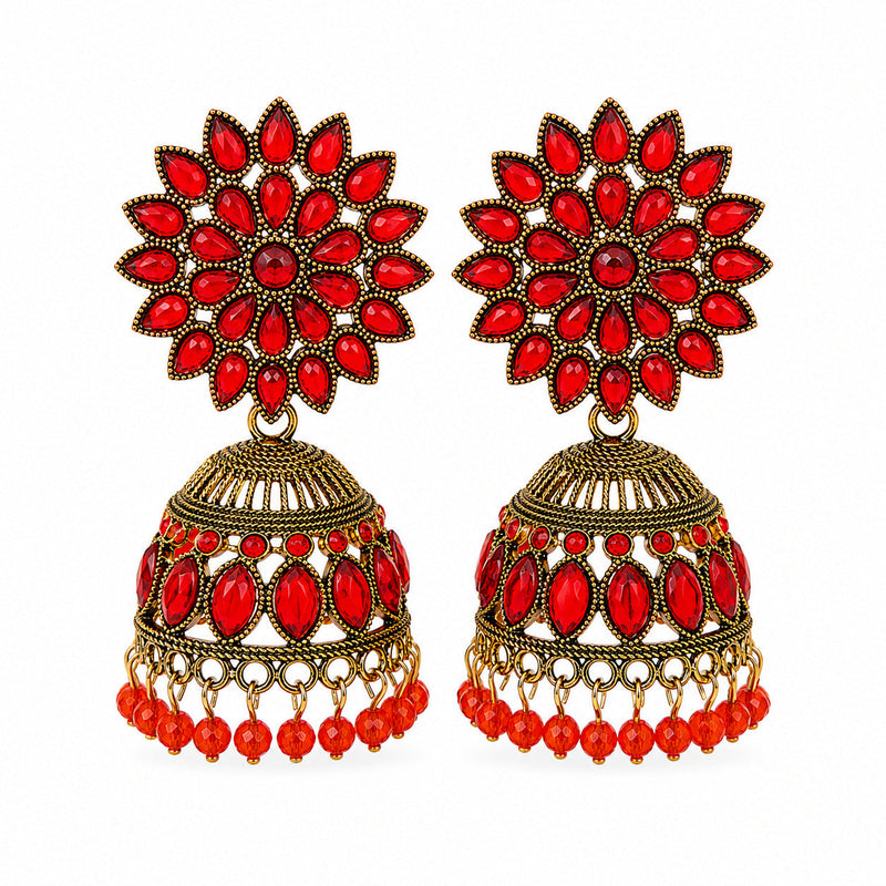 Antique gold red stone floral jhumka earrings with bead drops