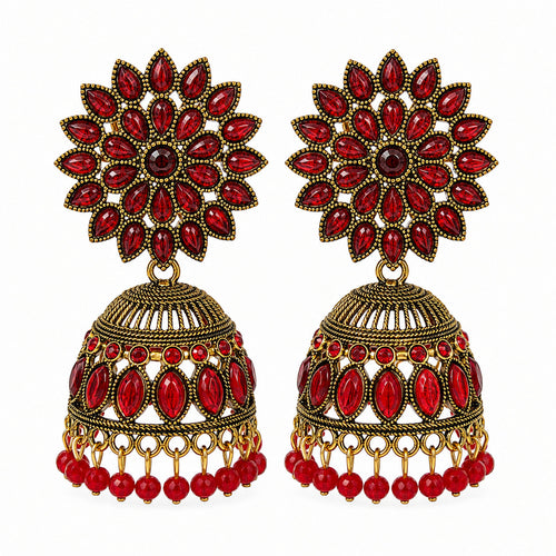 Antique gold floral jhumka earrings with red stones