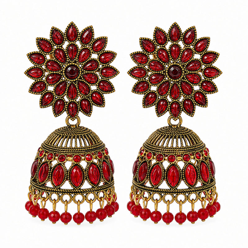 Antique gold floral jhumka earrings with red stones