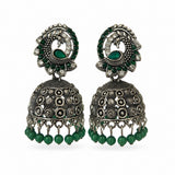 Oxidised silver enamel jhumka earrings with red and green stones