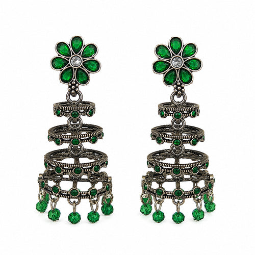 Oxidised silver chandelier earrings with green floral stud and green beads