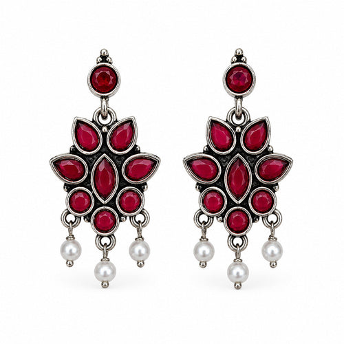 Oxidised Silver Lakshmi Peacock Pink Stone Temple Earrings