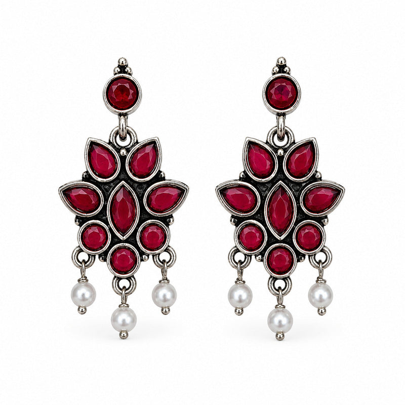 Oxidised Silver Lakshmi Peacock Pink Stone Temple Earrings