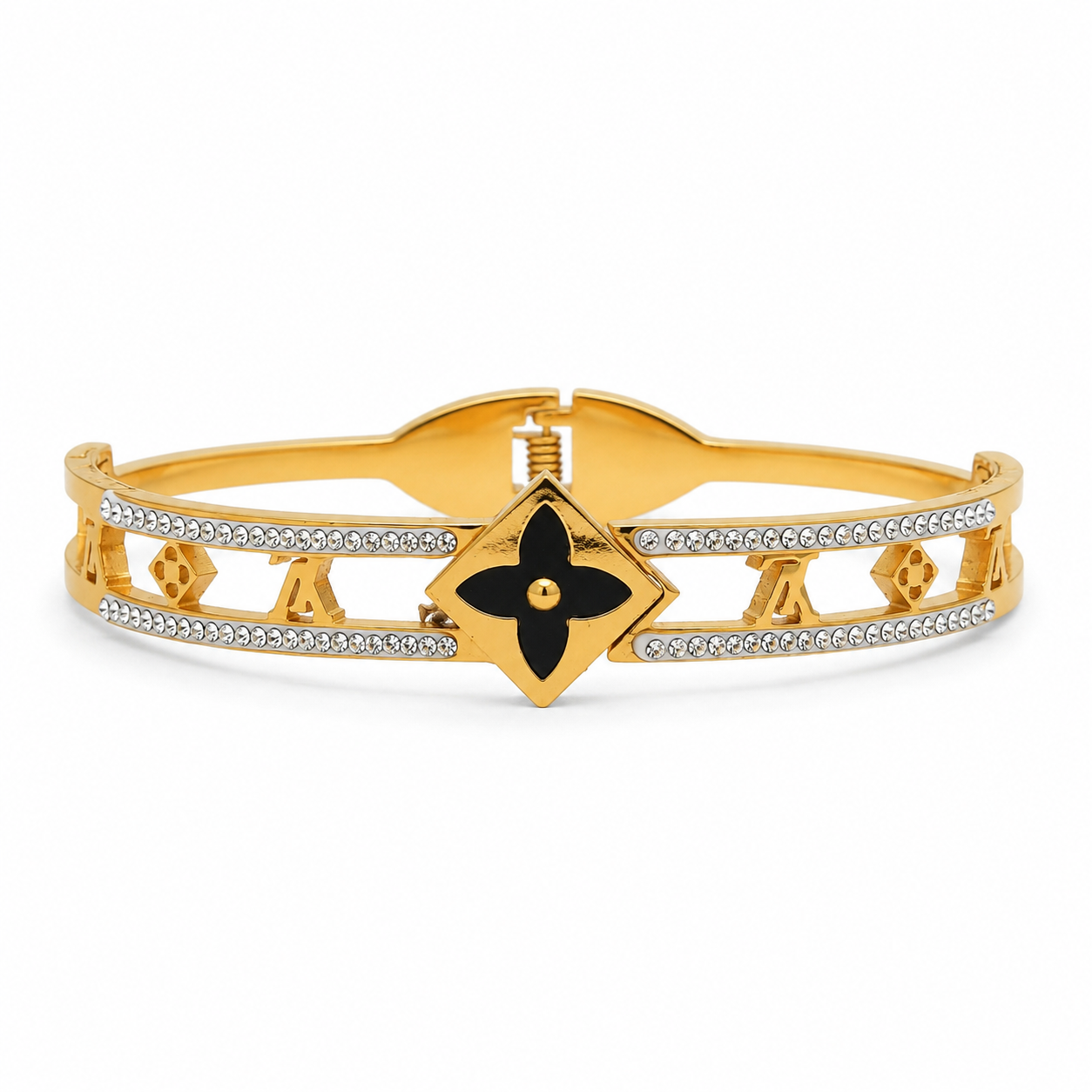 Gold-tone crystal bangle with black four-petal centrepiece statement bracelet
