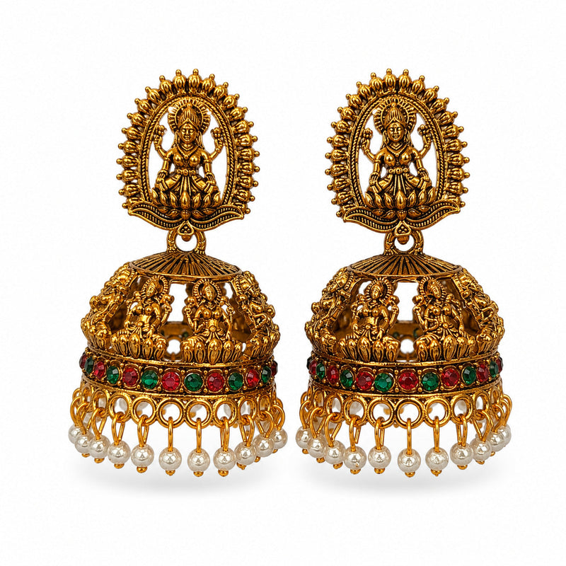 Antique Gold Black Stone Flower Jhumka Earrings