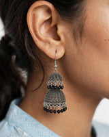 Oxidised Silver Tiered Jhumka Earrings with Black Bead Drops