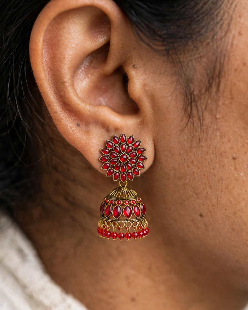 Antique Gold Red Stone Floral Jhumka Earrings with Bead Drops