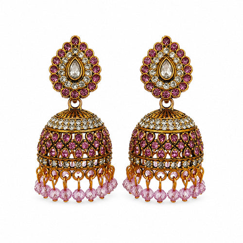 Antique gold jhumka earrings with pink and clear stones and pink bead drops