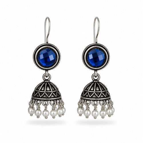 Oxidised silver blue stone jhumka earrings with pearl drops