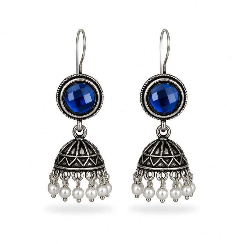 Oxidised silver blue stone jhumka earrings with pearl drops
