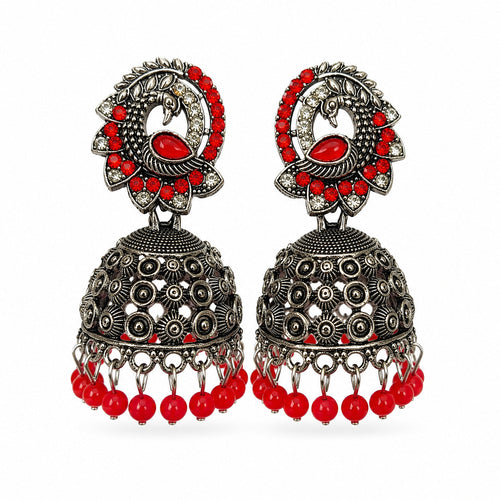 Oxidised silver peacock jhumka earrings with red stones