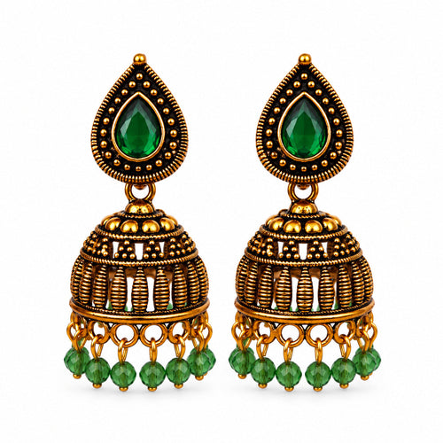 Antique gold ribbed jhumka earrings with green stone
