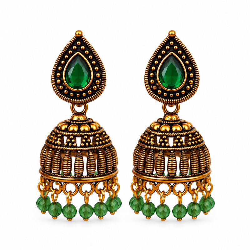 Antique gold ribbed jhumka earrings with green stone