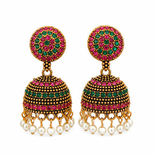 Oxidised Silver Peacock Red Green Stone Jhumka Earrings