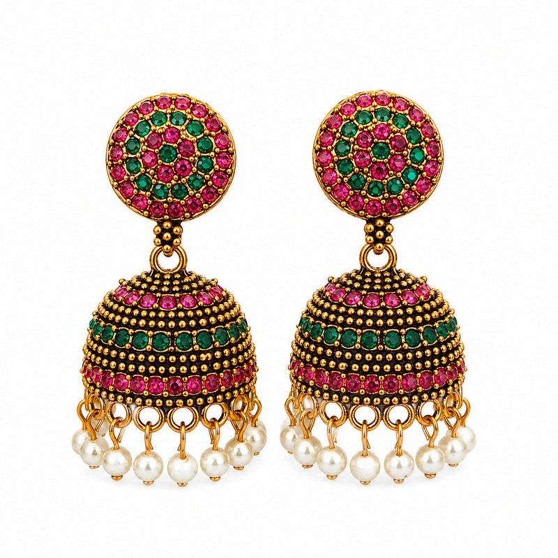Oxidised Silver Peacock Red Green Stone Jhumka Earrings