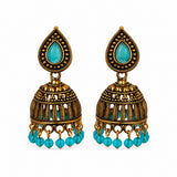 Antique gold ribbed jhumka earrings with turquoise stone