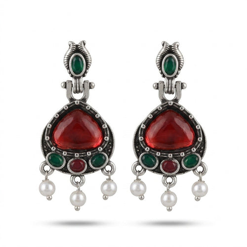 Antique gold triangle hook earrings with magenta stone and pearls