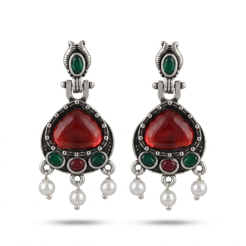 Antique gold triangle hook earrings with magenta stone and pearls