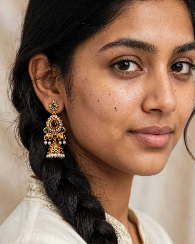 Antique Gold Pendant Earrings with Red Stone and Pearl Drops