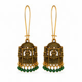 Antique gold temple lantern earrings with Lakshmi motif and green beads