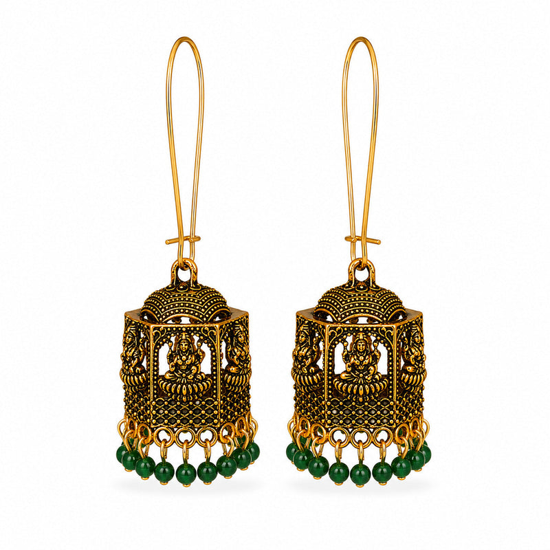 Antique gold temple lantern earrings with Lakshmi motif and green beads