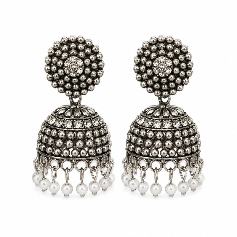 Oxidised Silver Horse Deer Medallion Chandbali Earrings