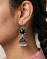 Oxidised Silver Black Stone Jhumka Earrings with Pearl Drops