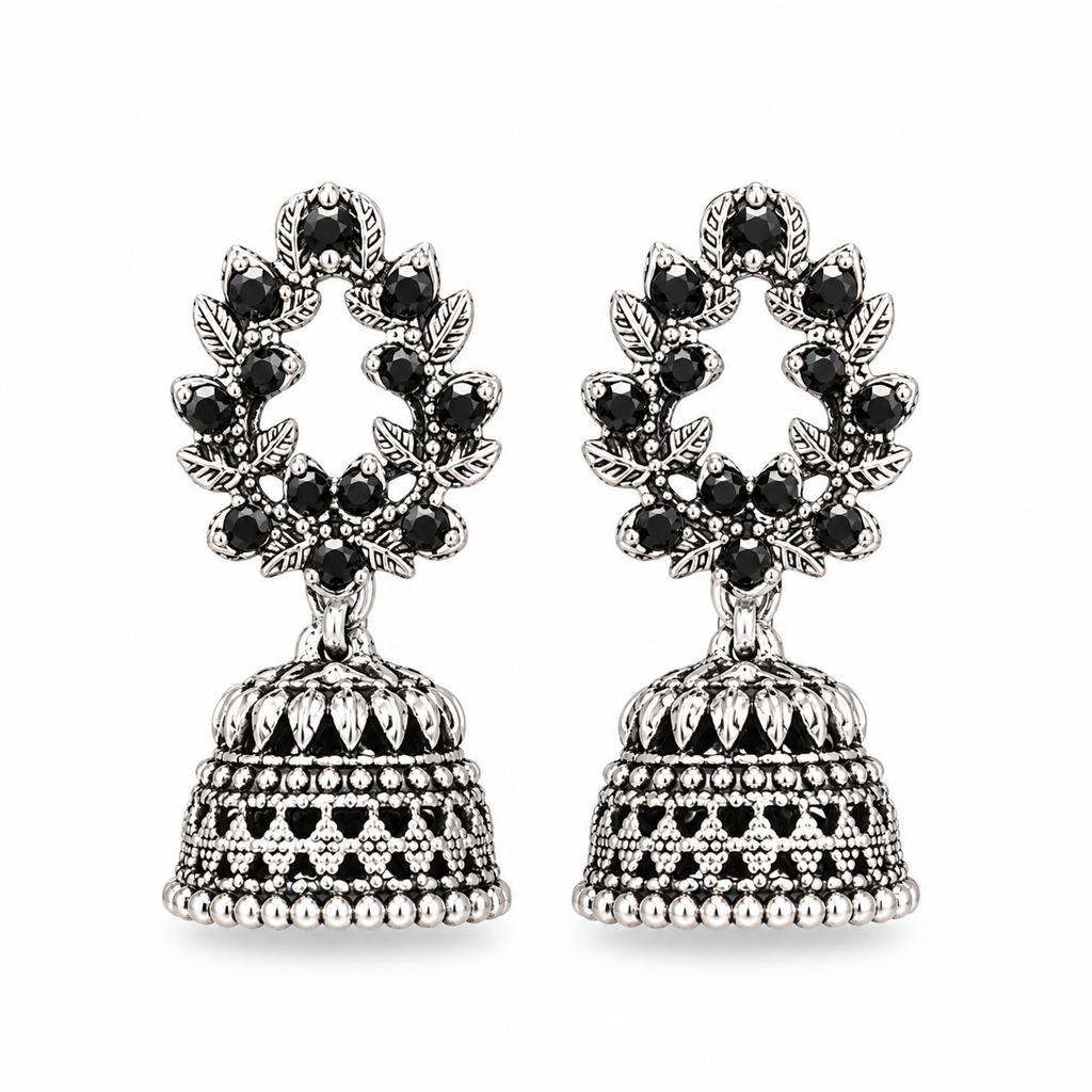 Silver oxidised black stone jhumka earrings with wreath design stud
