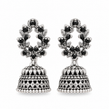Silver oxidised black stone jhumka earrings with wreath design stud