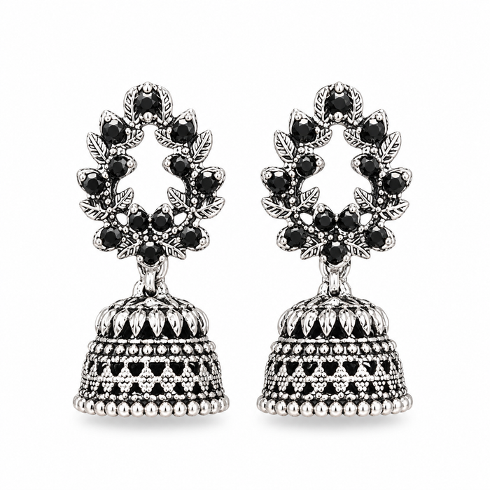 Silver oxidised black stone jhumka earrings with wreath design stud