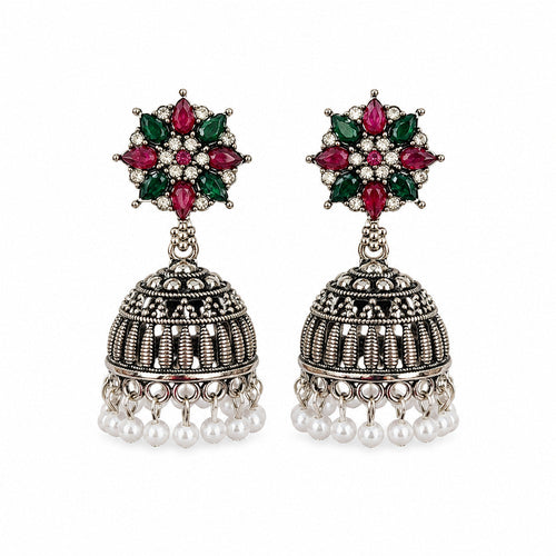 Oxidised Silver Blue Stone Ornate Jhumka Earrings