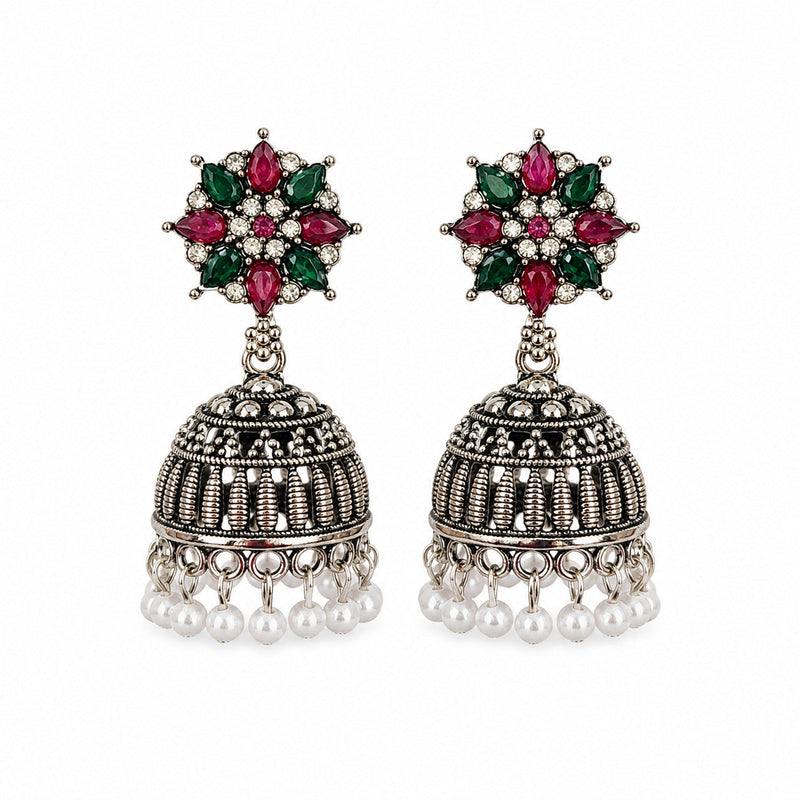 Oxidised Silver Blue Stone Ornate Jhumka Earrings