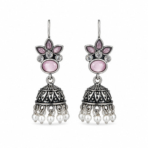 Oxidised silver hook earrings with pink cat's-eye stones and pearl drops