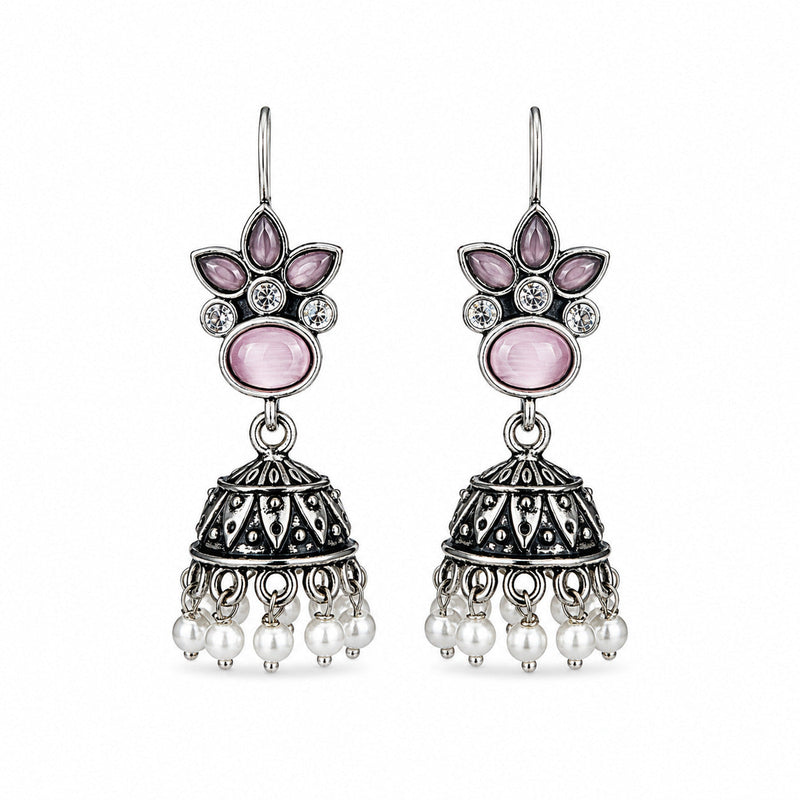 Oxidised silver hook earrings with pink cat's-eye stones and pearl drops